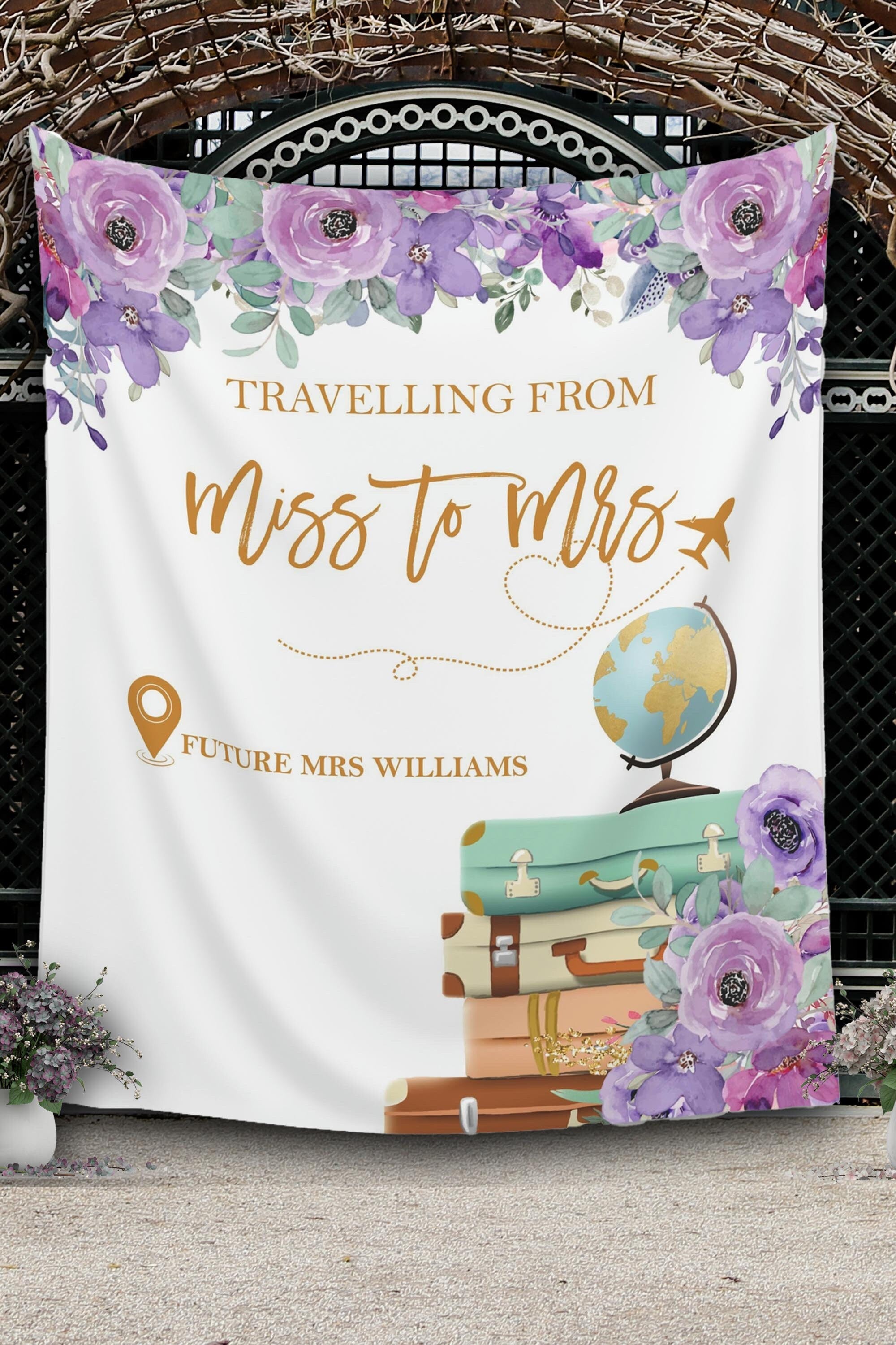 Traveling from Miss to Mrs. Purple Floral Bridal Shower Backdrop