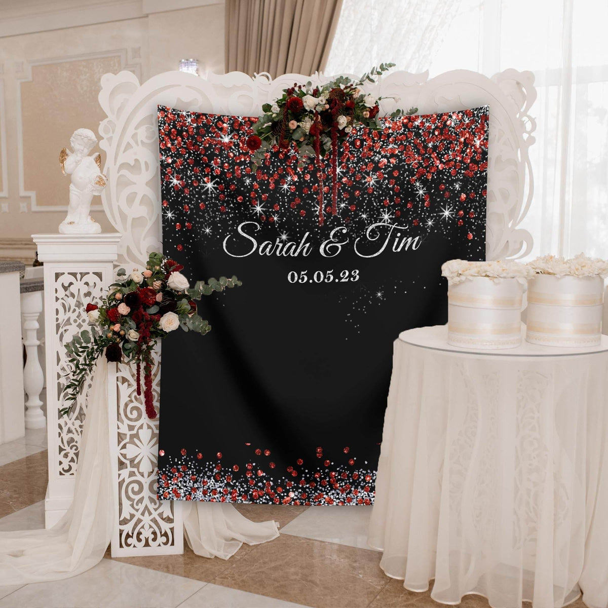 Wedding Photo Backdrop Red Silver Glitter Engagement Banner Custom Backdrop Black Red Wedding Photo Booth Bridal Shower Wedding Decoration - iJay Backdrops