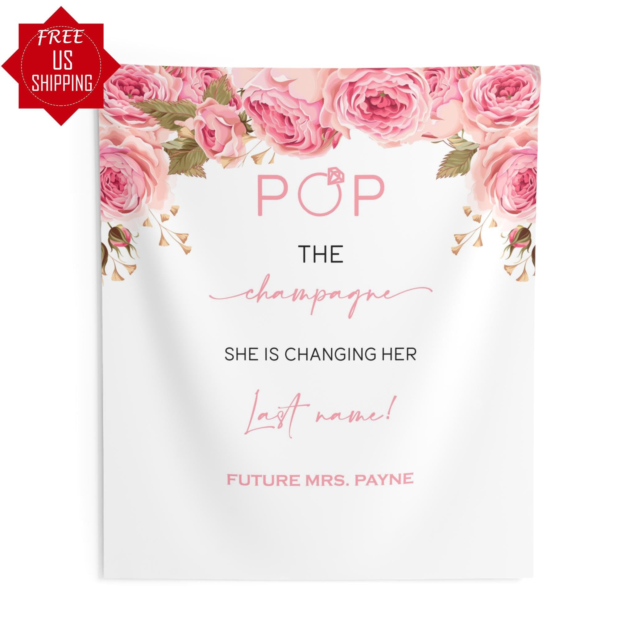 Pink Floral ‘Pop the Champagne’ Bridal shower backdrop