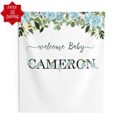 Personalized Baby Name - Blue Floral Baby Shower Backdrop - iJay Backdrops