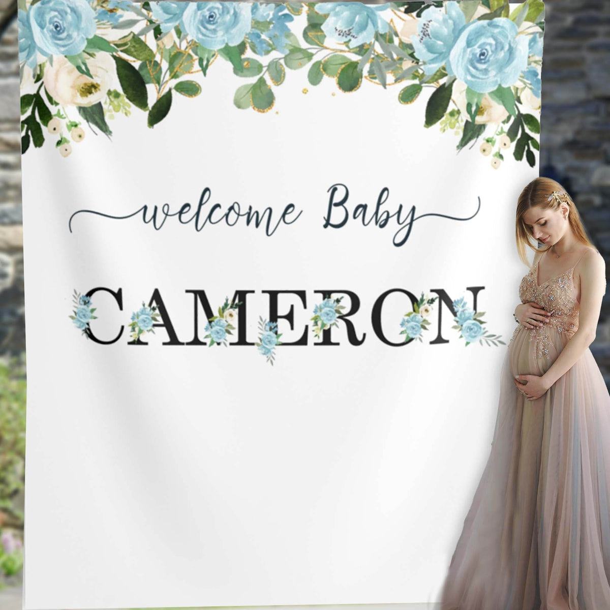 Personalized Baby Name - Blue Floral Baby Shower Backdrop - iJay Backdrops
