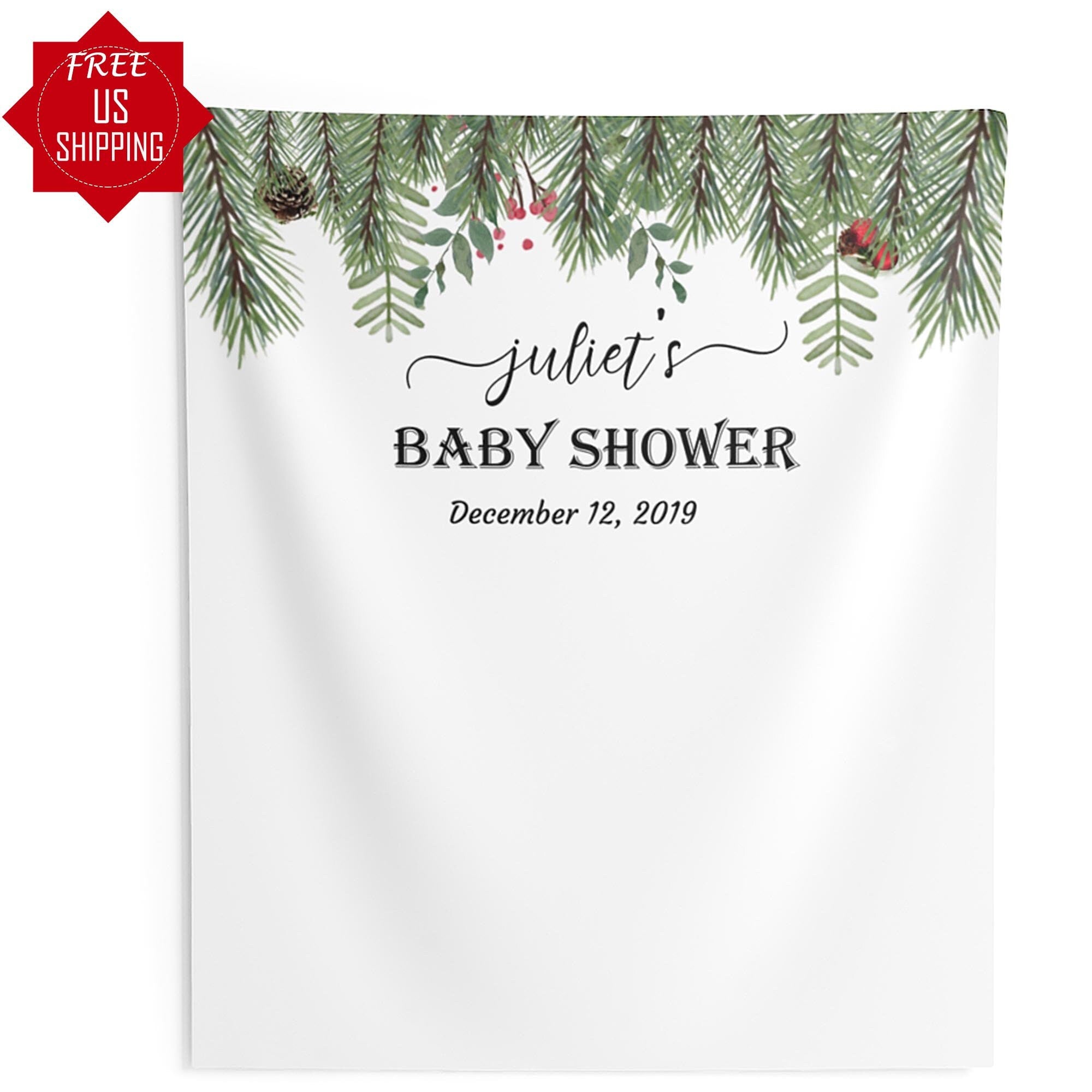 Christmas Baby Shower Backdrop, Winter Greenery Baby Shower Decor, December Baby Shower