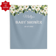 Dusty Blue White Floral Baby Shower Backdrop - iJay Backdrops