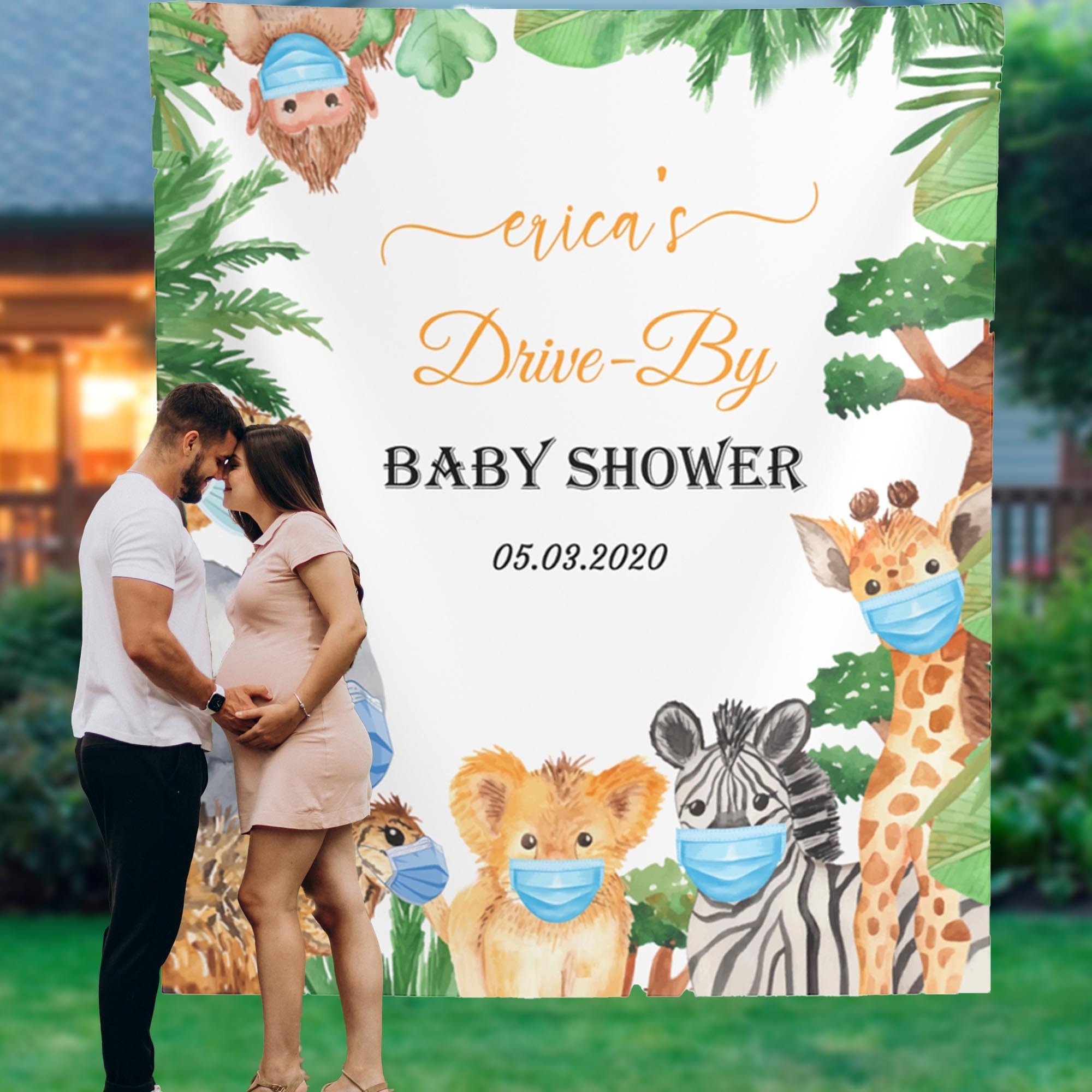 Drive By Baby Shower Backdrop | Virtual Covid Safari Animals Decor|  Masked Quarantine Baby Animal | Jungle Social Distancing Banner 01BS13