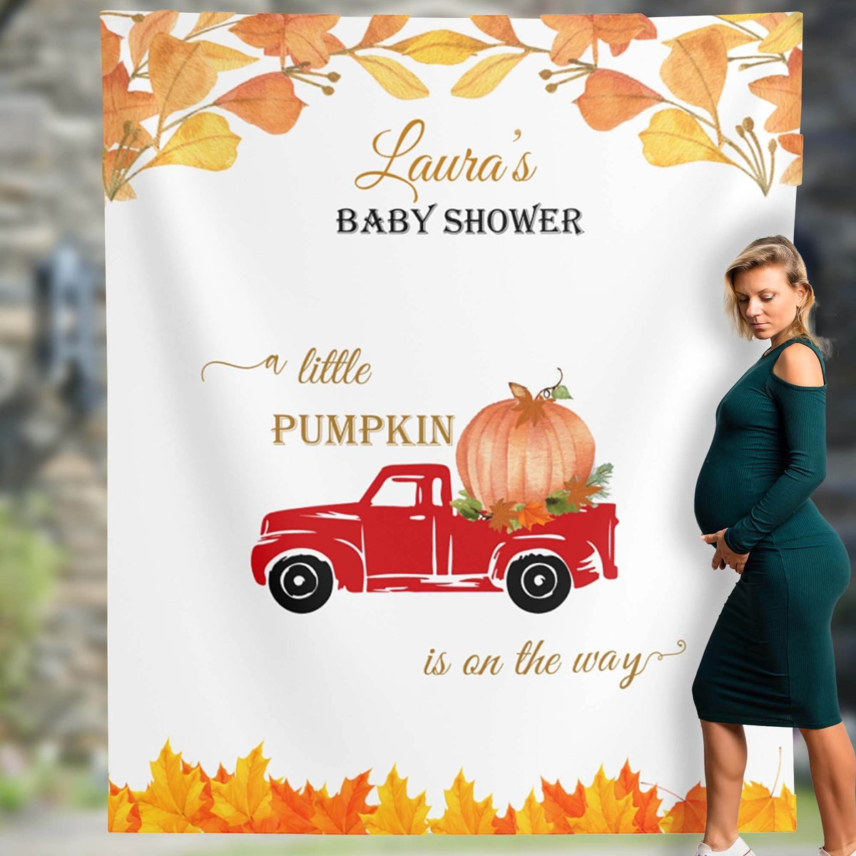 Pumpkin Truck Baby Shower Backdrop, Autumn Photo Booth Backdrop, A little pumpkin is on the way, Fall Leaves Autumn decorations - iJay Backdrops