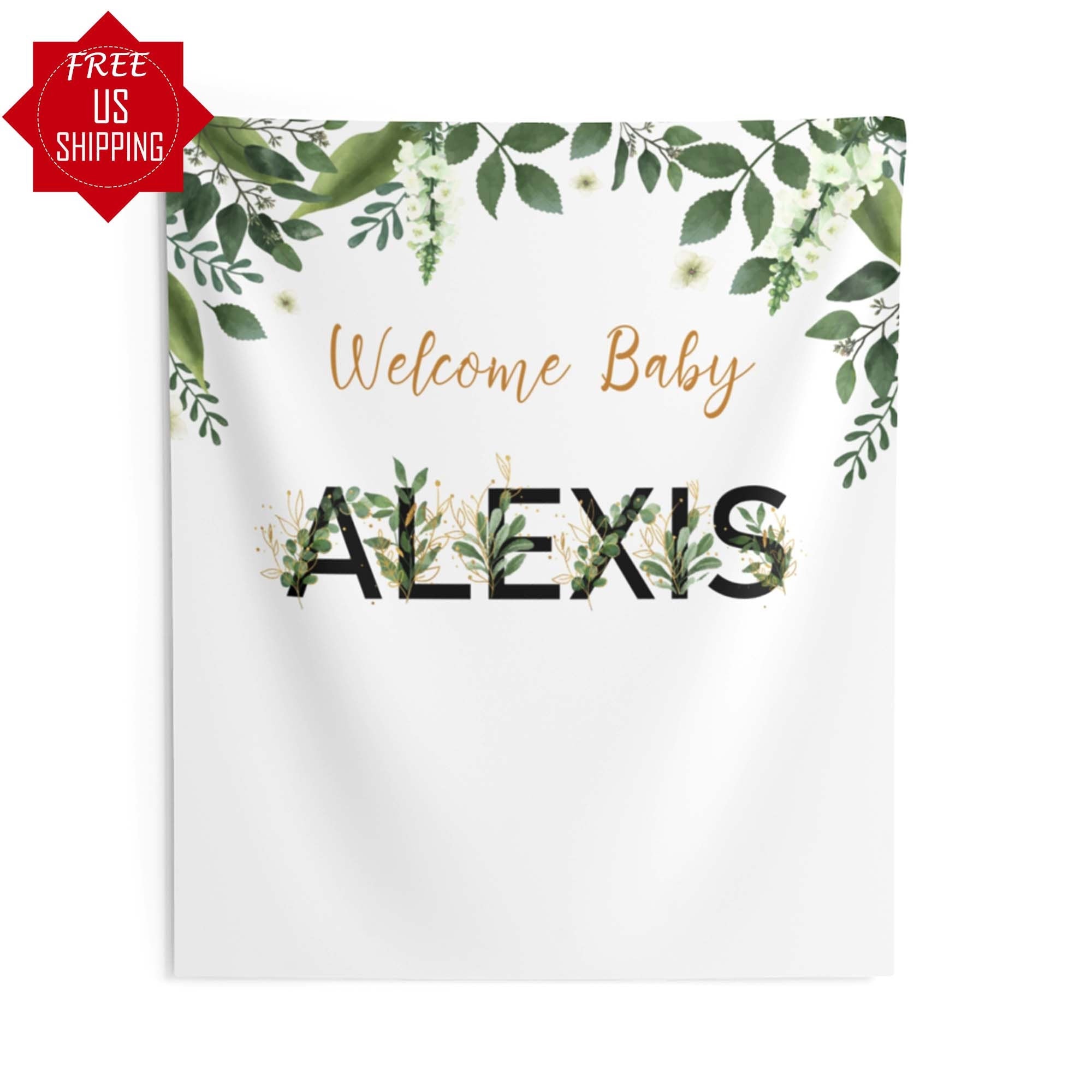 Personalized Baby Backdrop. Custom Name Baby Shower Decor, Gold Greenery Backdrop, Eucalyptus Shower, Gender Neutral 01BS03