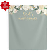 Sage Green Backdrop Curtain, Baby Shower Backdrop, Christening Floral Backdrop, New Baby, Gender Neutral Shower, Bridal Photo-booth Backdrop - iJay Backdrops