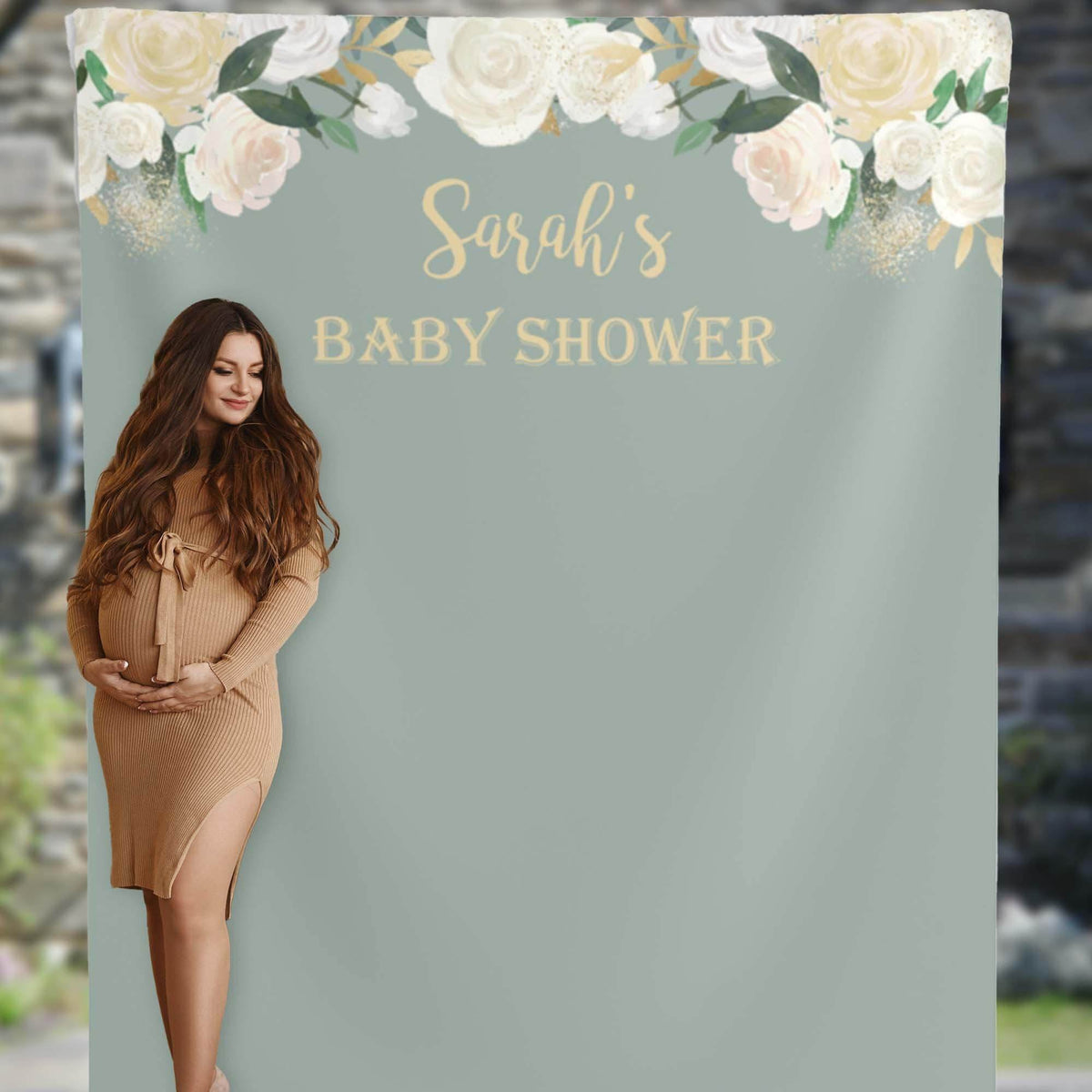 Sage Green Backdrop Curtain, Baby Shower Backdrop, Christening Floral Backdrop, New Baby, Gender Neutral Shower, Bridal Photo-booth Backdrop - iJay Backdrops