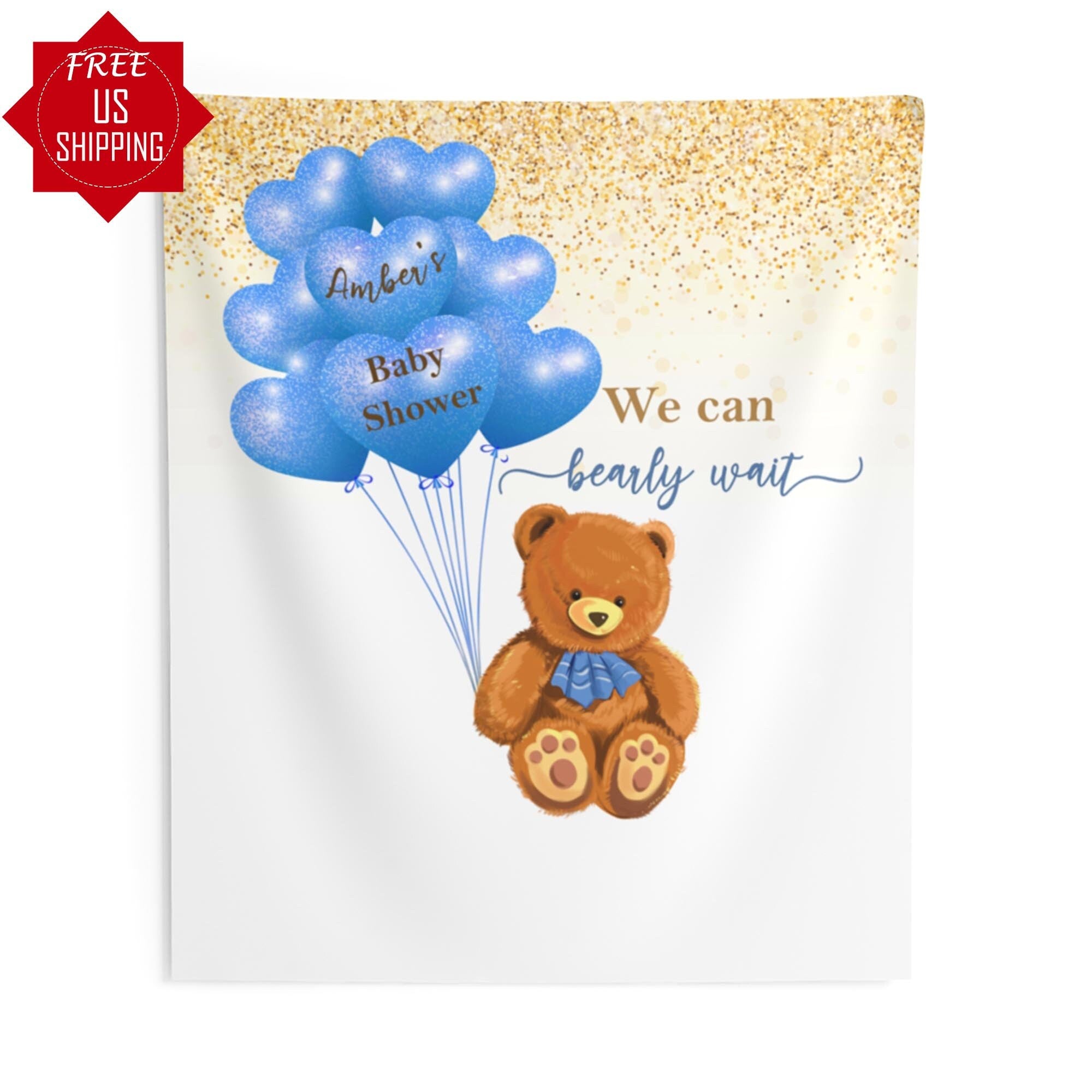 Teddy Bear Baby Shower Backdrop, Blue Bear Themed Baby Shower, Bear with Blue Balloons Banner, Boy Shower 01BS37