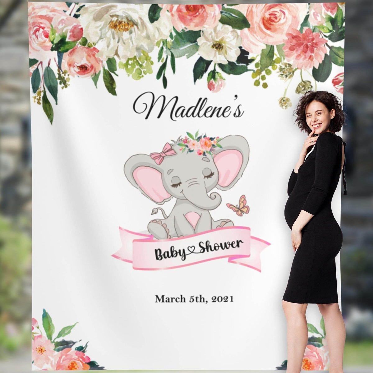 Pink Floral Elephant Baby Shower Backdrop - iJay Backdrops