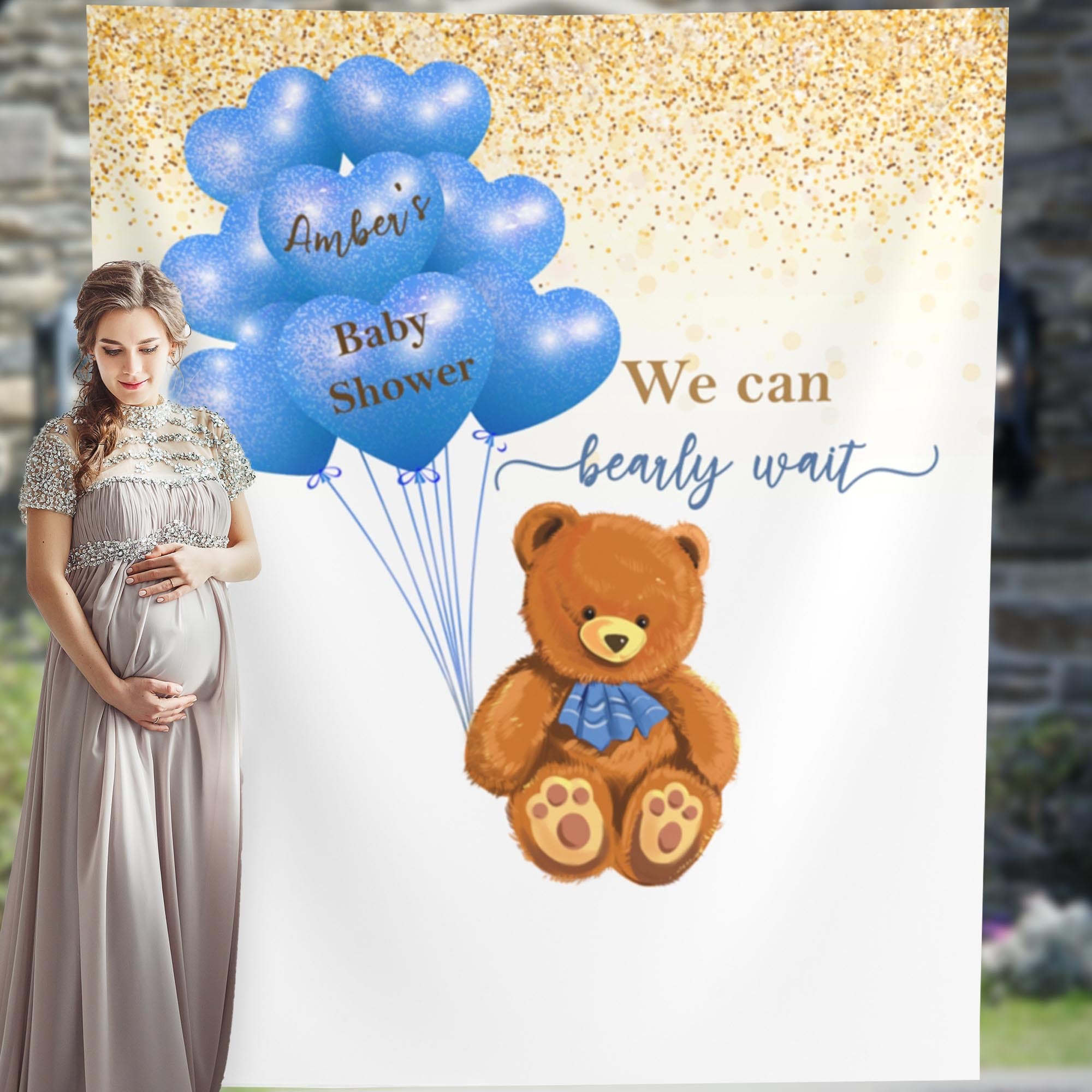 Teddy Bear Baby Shower Backdrop, Blue Bear Themed Baby Shower, Bear with Blue Balloons Banner, Boy Shower 01BS37