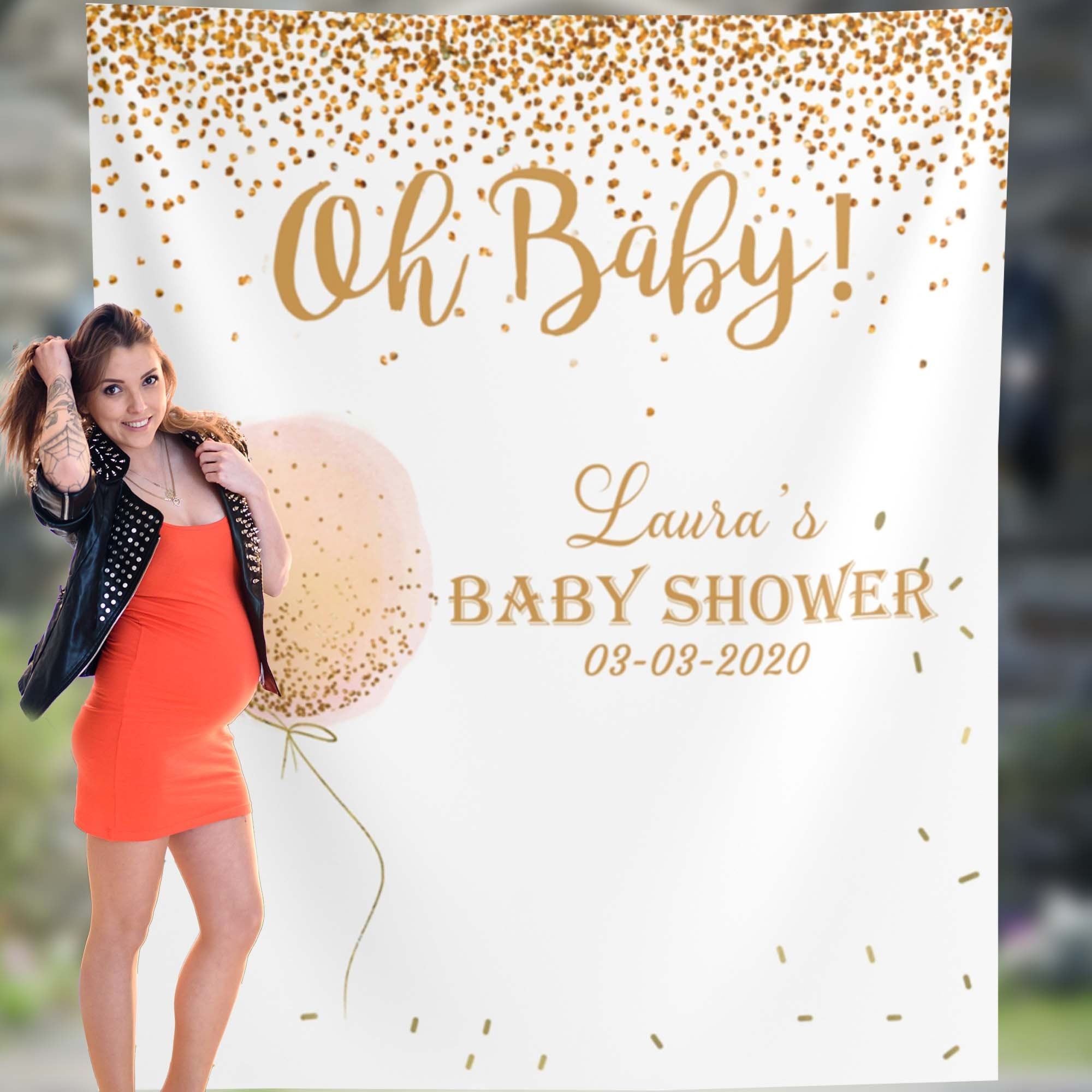Gold Glitter Cofetti Baby Shower Backdrop, White and Gold Glitter Shower Decoration, Oh baby Balloon Photo Backdrop, Baby Sprinkle, 01OBG6