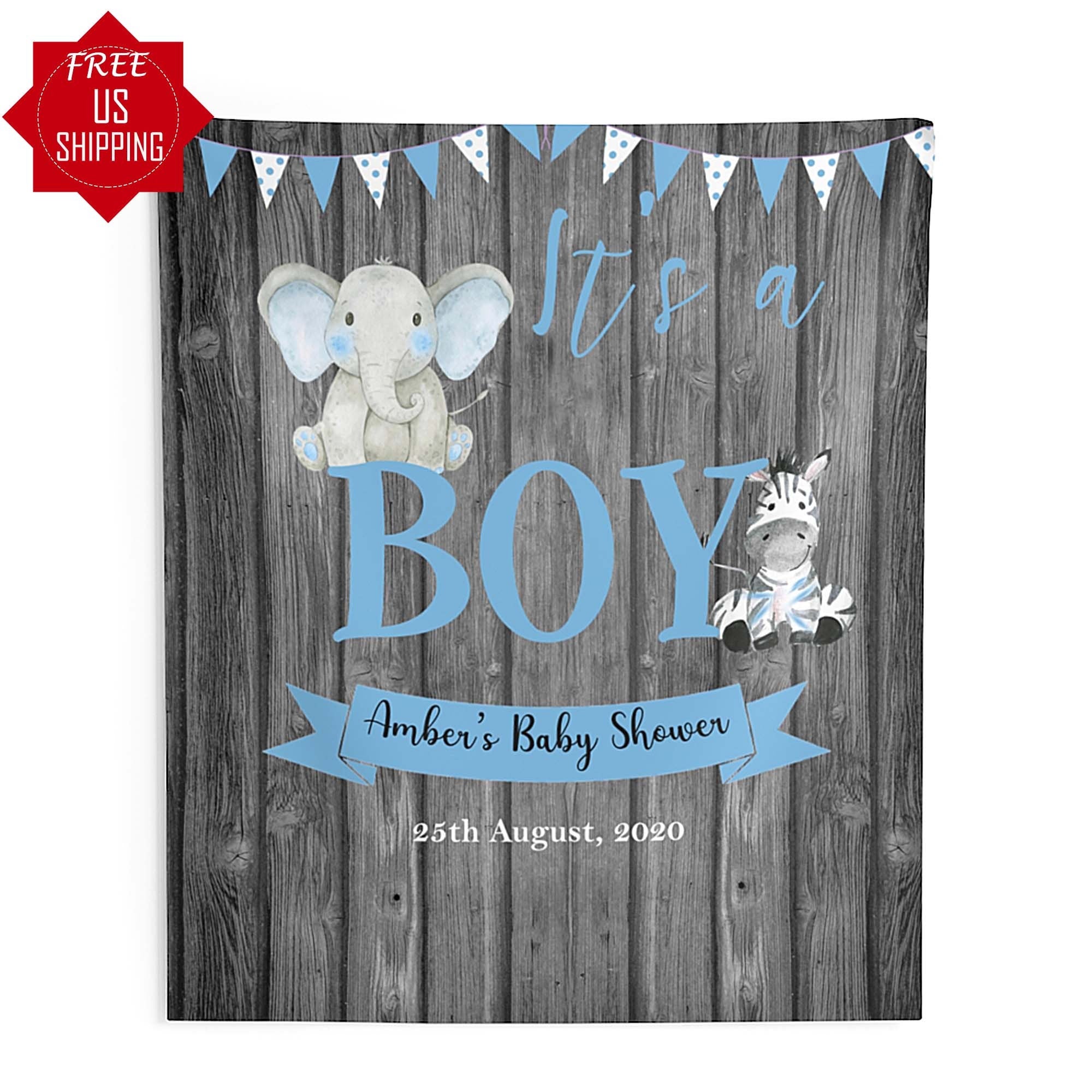 Little Baby Elephant Baby Shower Backdrop, Zebra Animals, Rustic Wood Blue Elephant Safari Boy Banner, Its A Boy 01BAS29