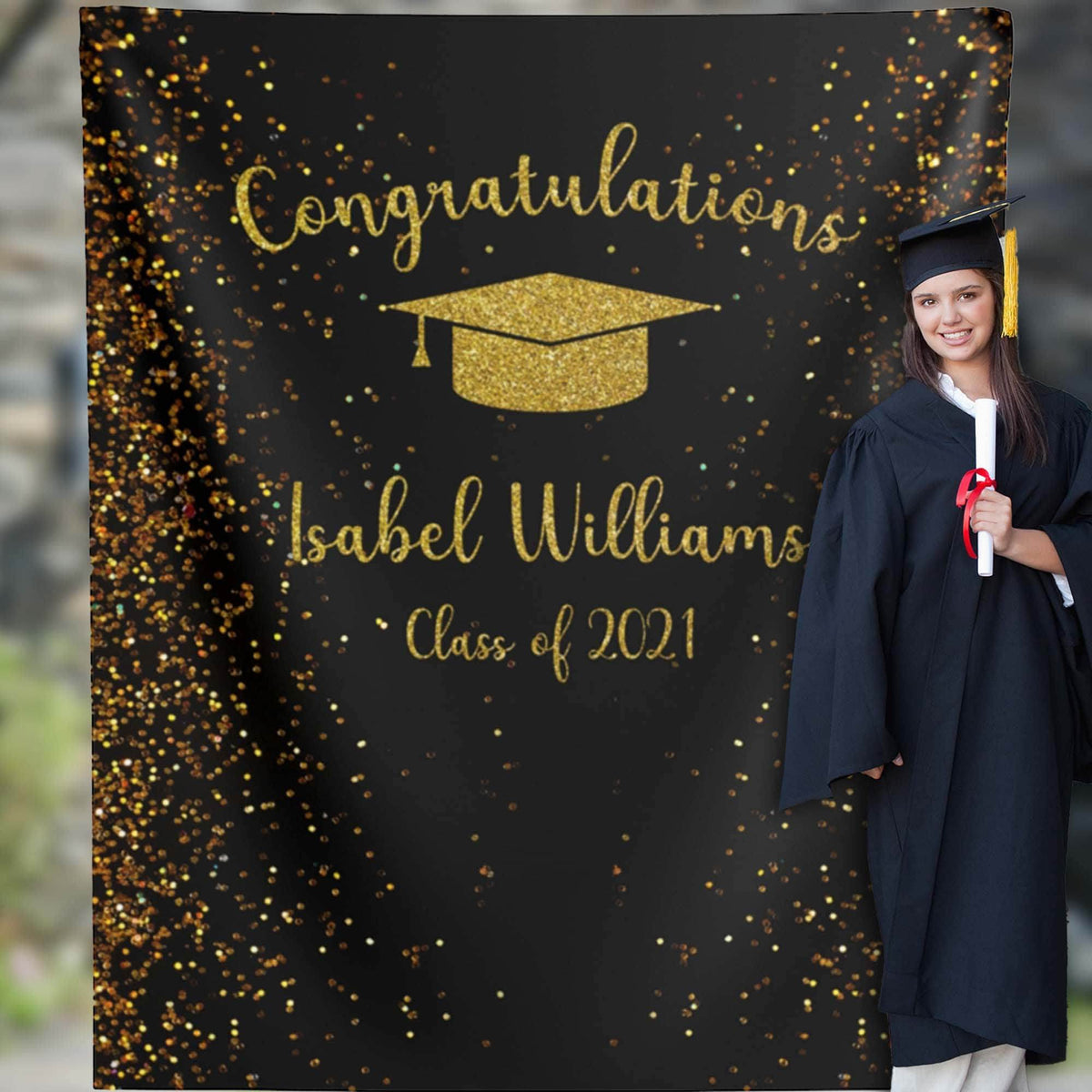 College Graduation Backdrop, Black and Gold - iJay Backdrops