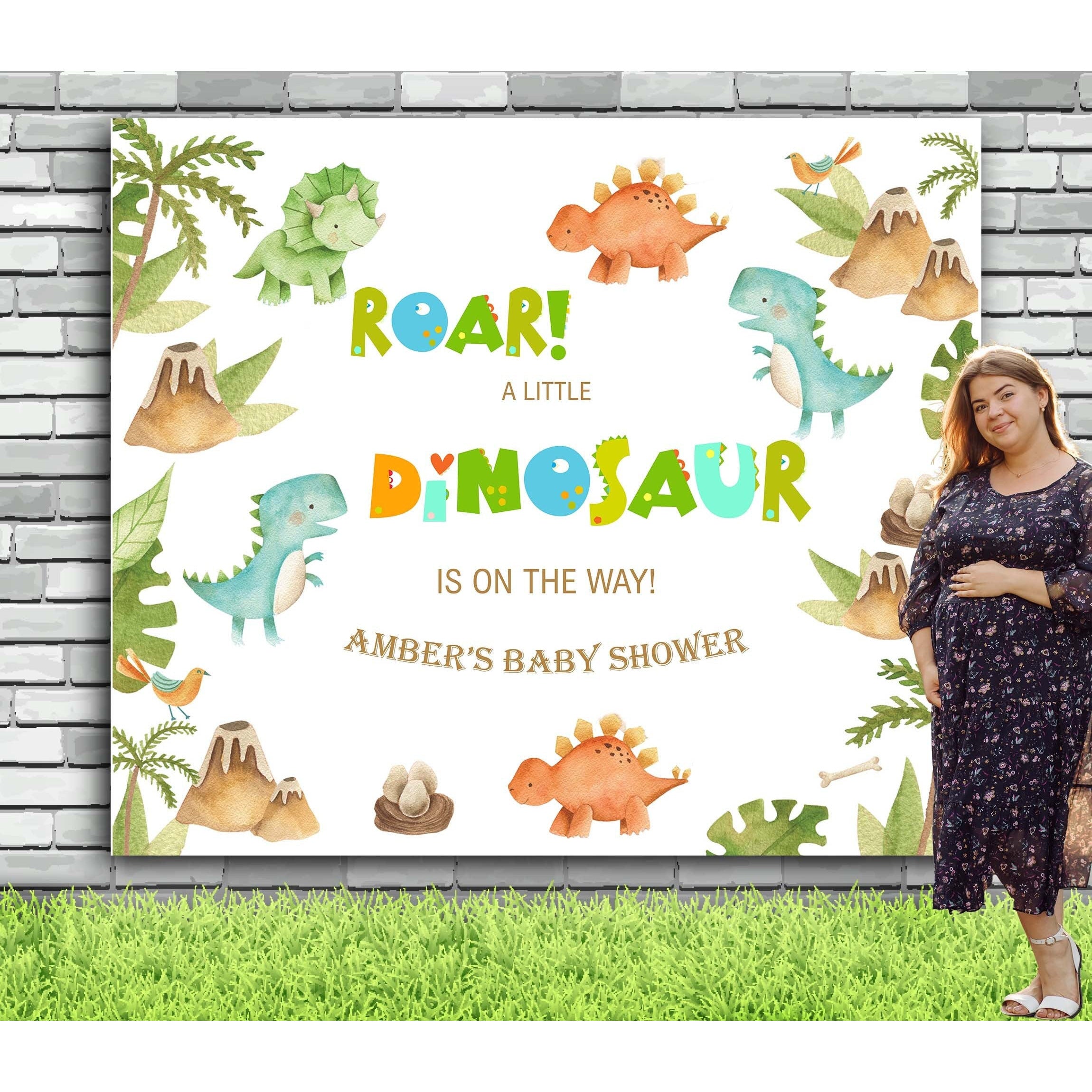 Boy Baby Shower Backdrop, Little Dinosaur on the Way Decoration, Boy Baby Shower Banner, Cartoon Animals Baby Shower Decorations