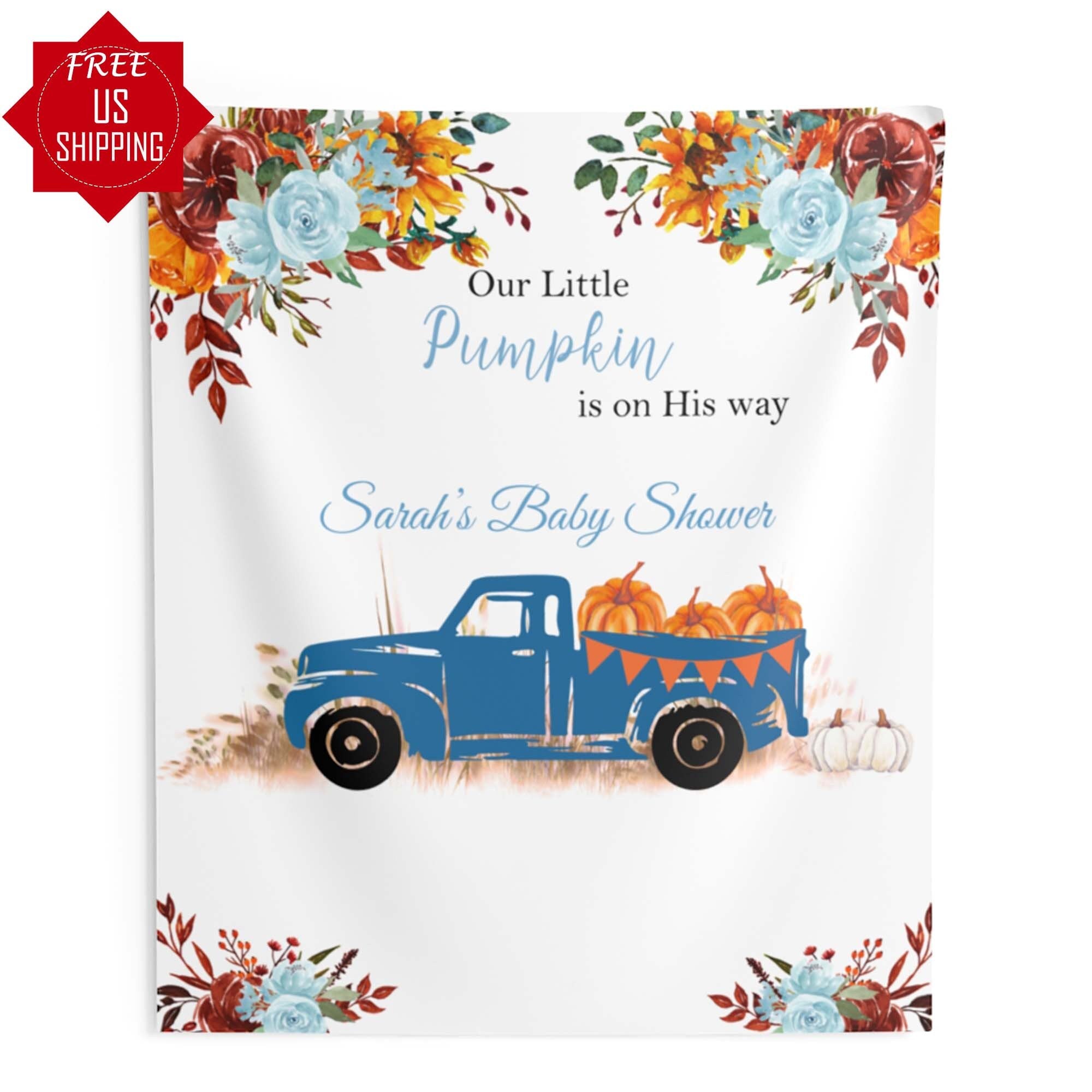 Blue Pumpkin Truck, Pumpkin Baby Shower backdrop, Autumn, Fall Banner, Pumpkin backdrop, Pumpkin banner, Birthday backdrop