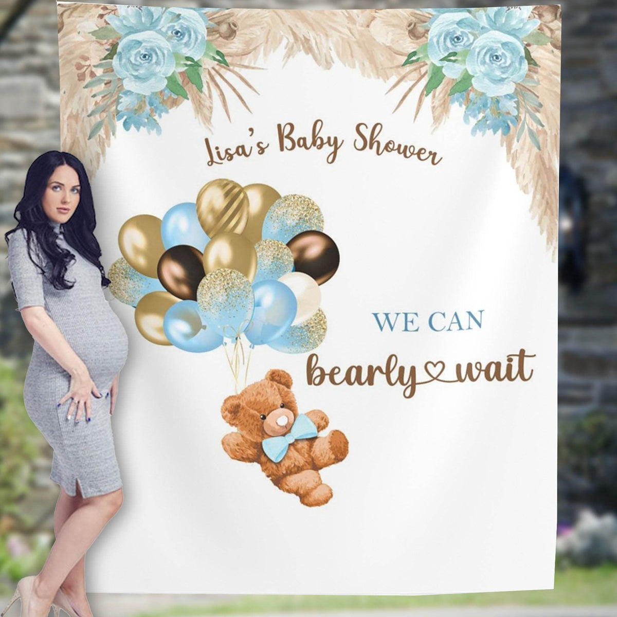 We Can Bearly Wait, Baby Shower Backdrop Boy, Bear Theme Baby Shower, Pampas Grass Backdrop - iJay Backdrops