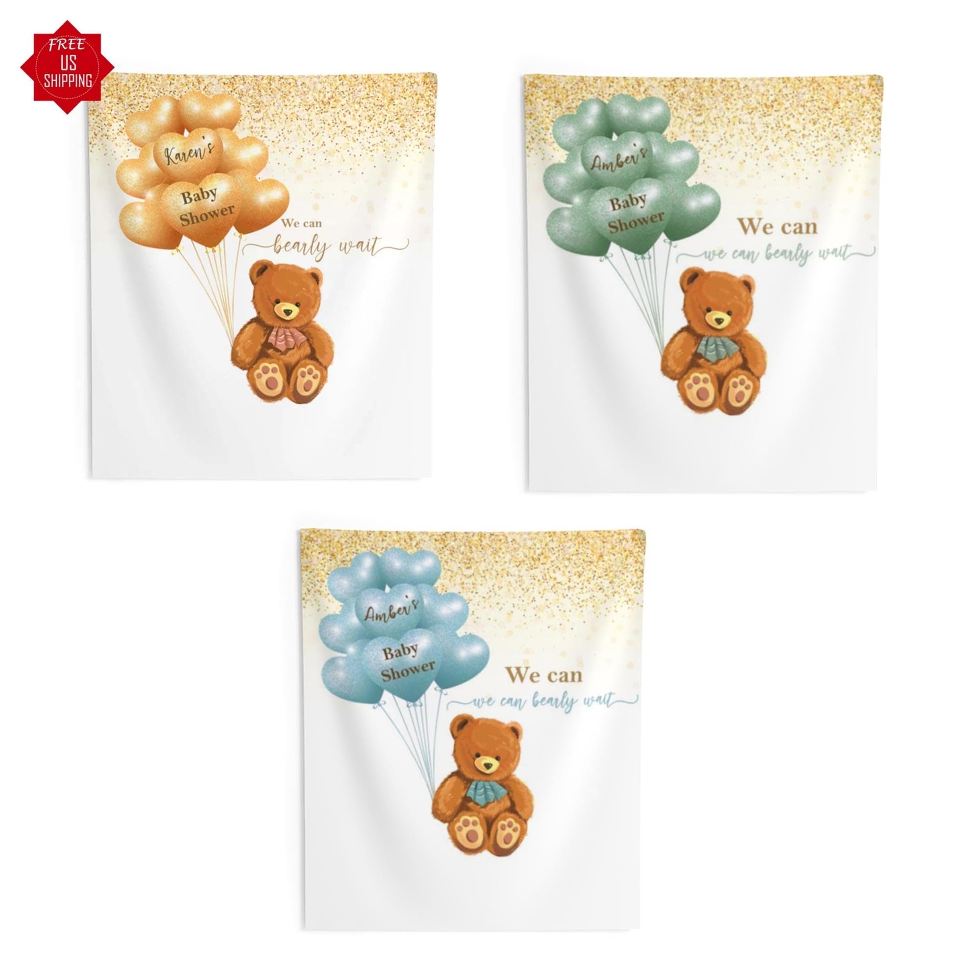 Bear Balloons Baby Shower Backdrop - Multicolor, We Can Bearly Wait, Gender Neutral Baby Bear Banner, Gold, Blue, Sage Green Shower Backdrop
