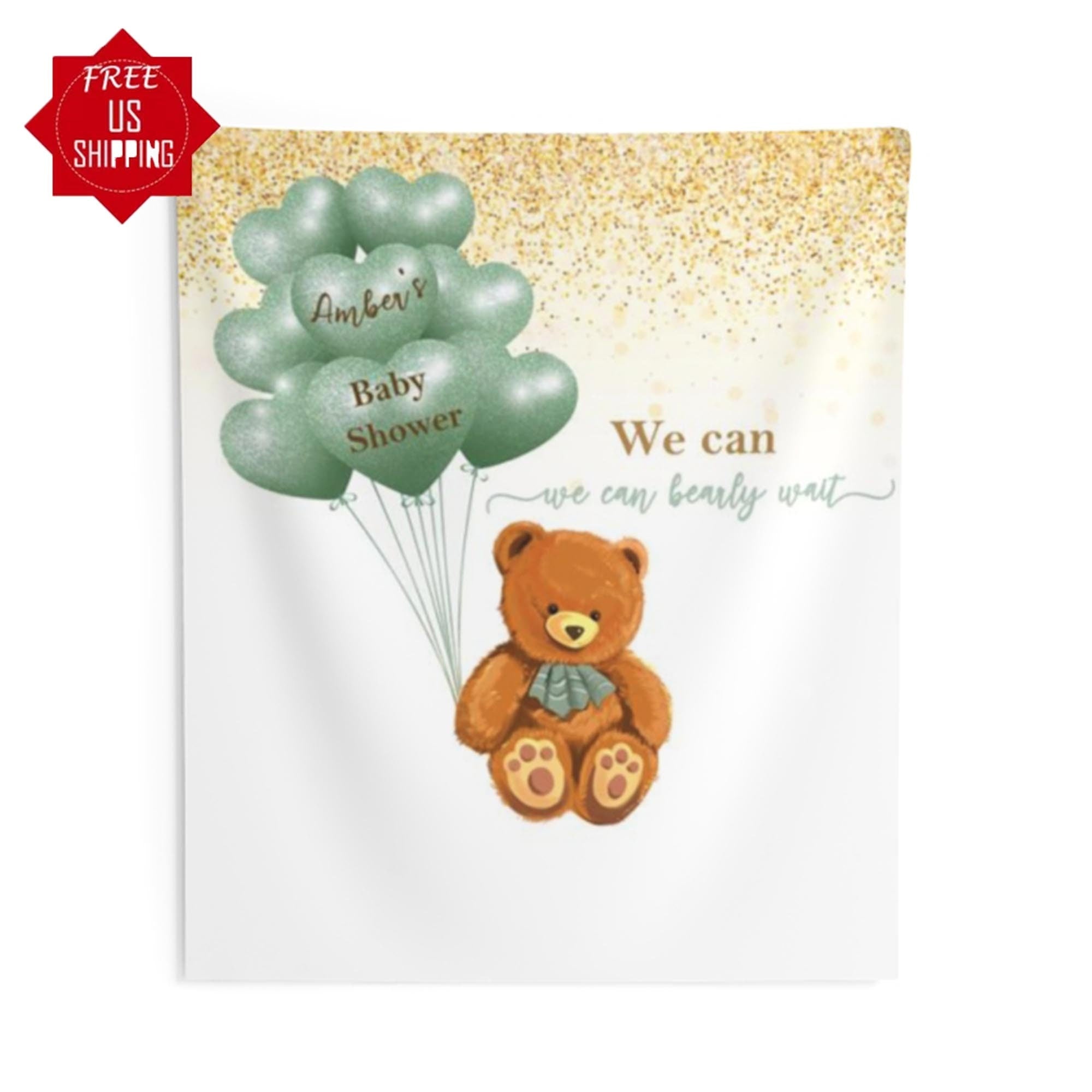 Bear Balloons Baby Shower Backdrop - Multicolor, We Can Bearly Wait, Gender Neutral Baby Bear Banner, Gold, Blue, Sage Green Shower Backdrop