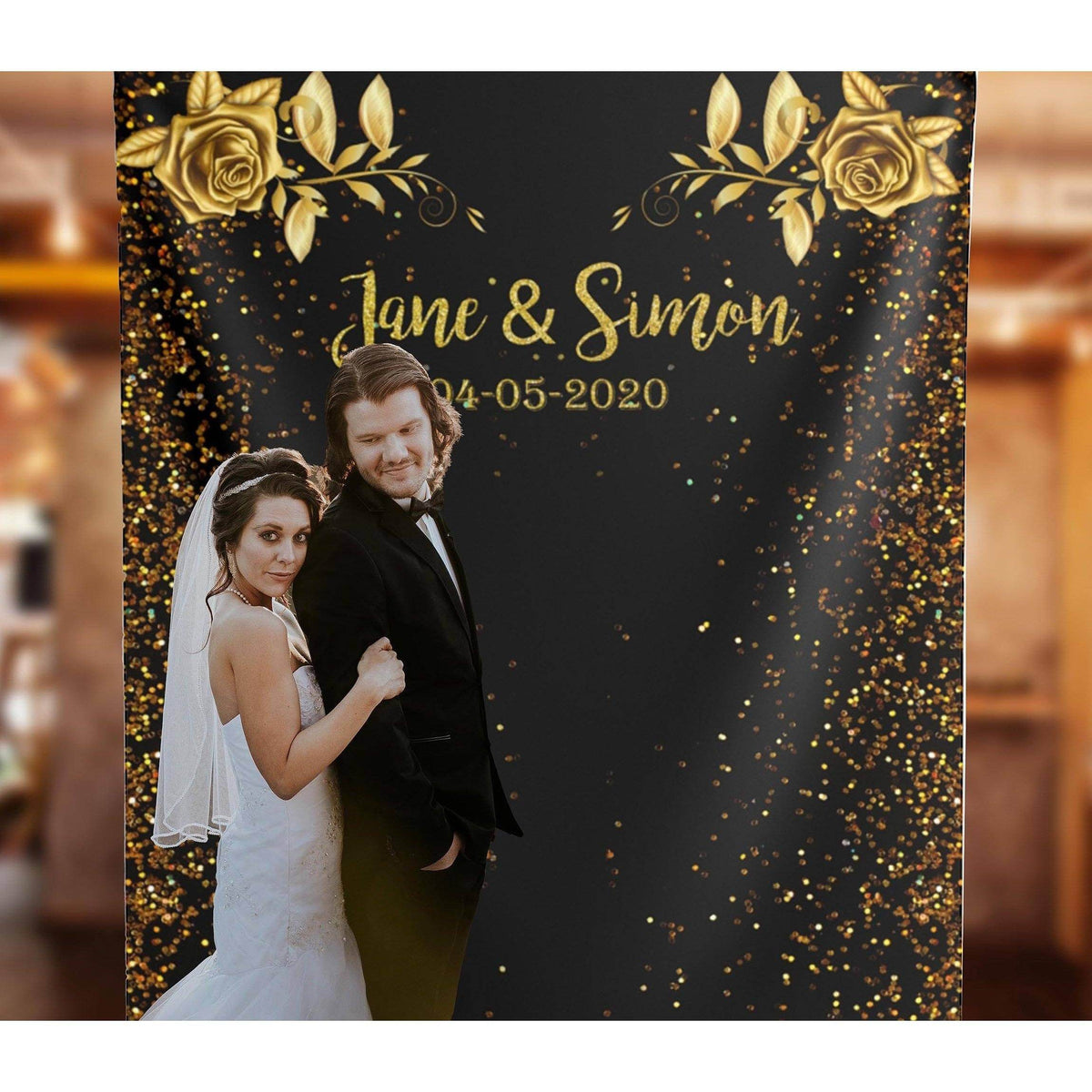 Personalized Black and Gold Glitter Wedding Backdrop - iJay Backdrops