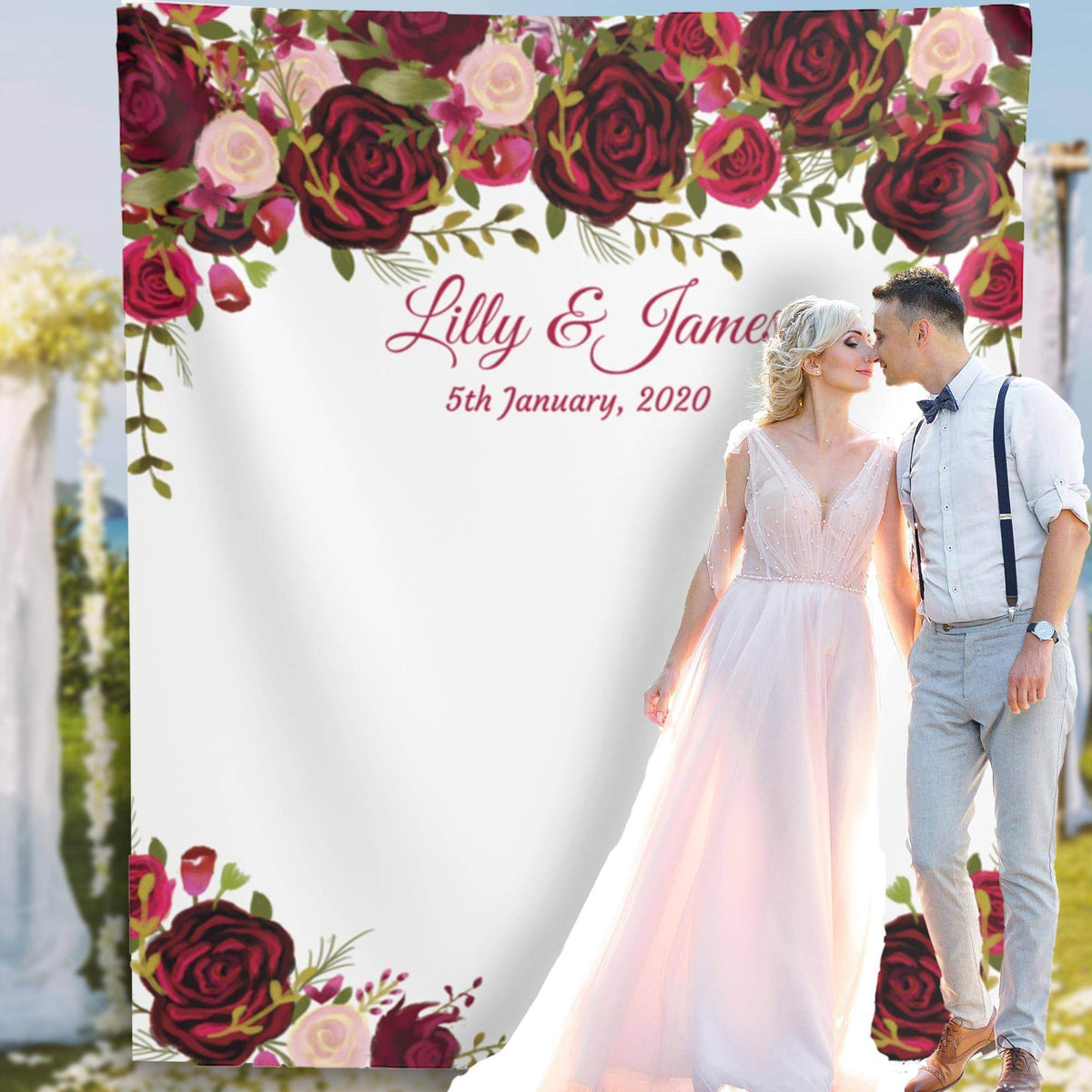 Burgundy and White Backdrop for Wedding Reception - iJay Backdrops