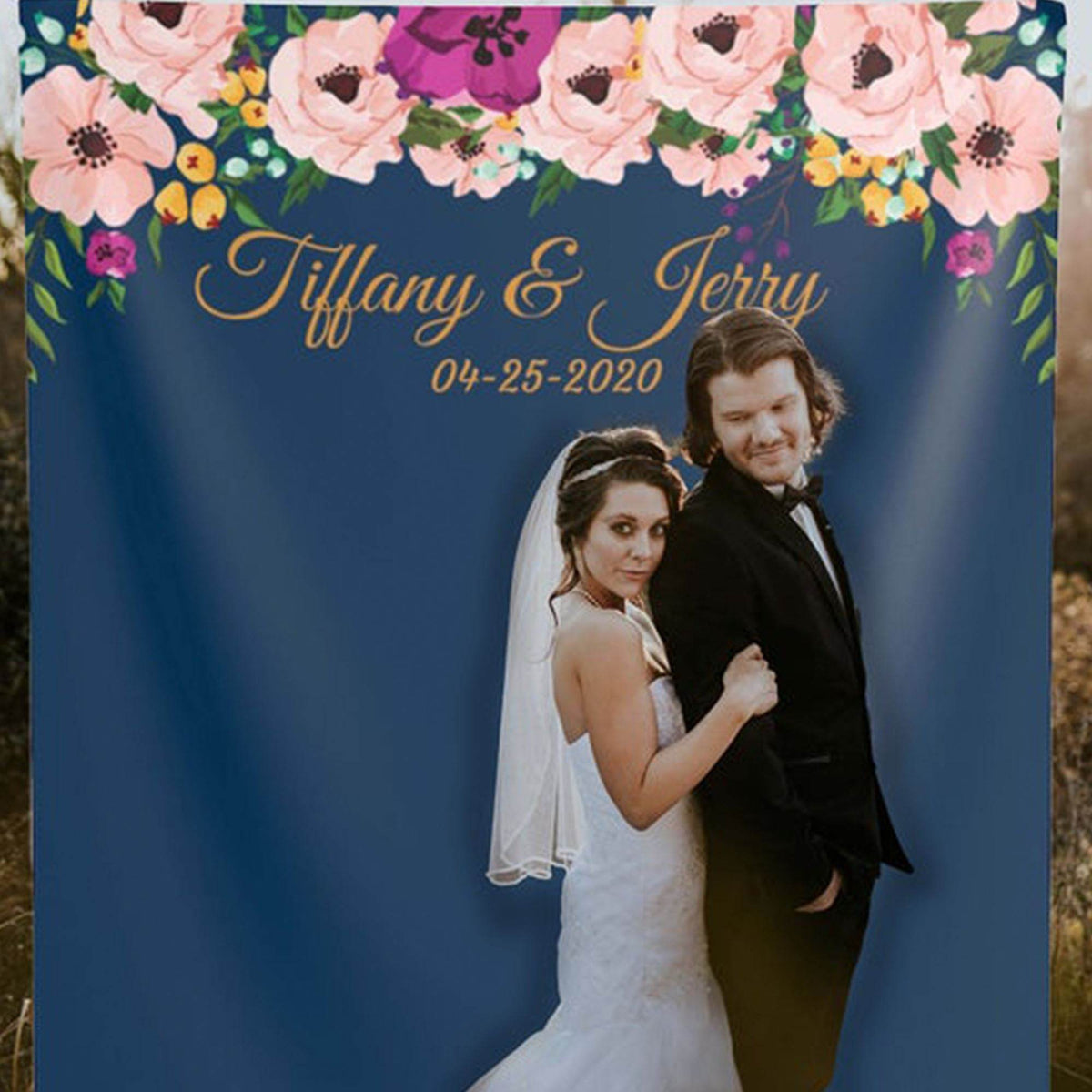 Personalized Navy Blue Wedding Backdrop For Reception / Floral Backdrop - iJay Backdrops