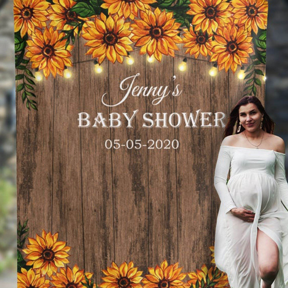 Personalized Rustic Sunflower baby shower backdrop with lights - Shop Now - iJay Backdrops