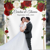 Wedding Backdrop for Reception, Elegant Wine color Floral wedding Backdrop, Red and white roses Decor, Red flowers Bridal Backdrop  01WBR74 - iJay Backdrops