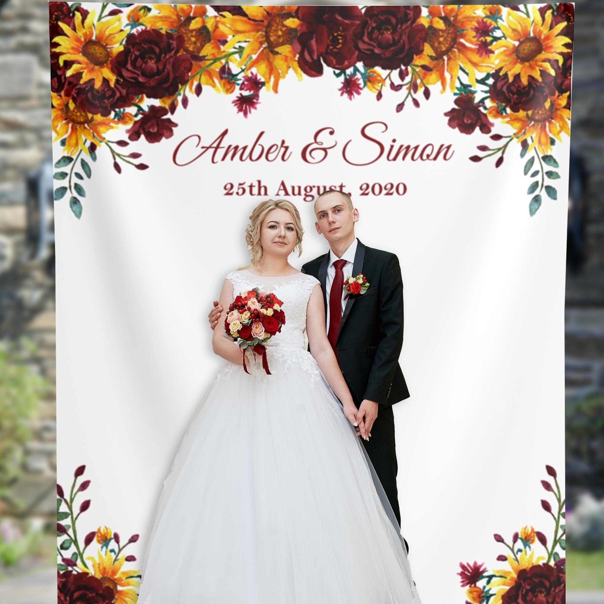 Wedding Backdrop for Reception, Floral Sunflowers, Burgundy Roses, Autumn Greenery Wedding Decor, Yellow Custom Photobooth Backdrop 01SWB4 - iJay Backdrops
